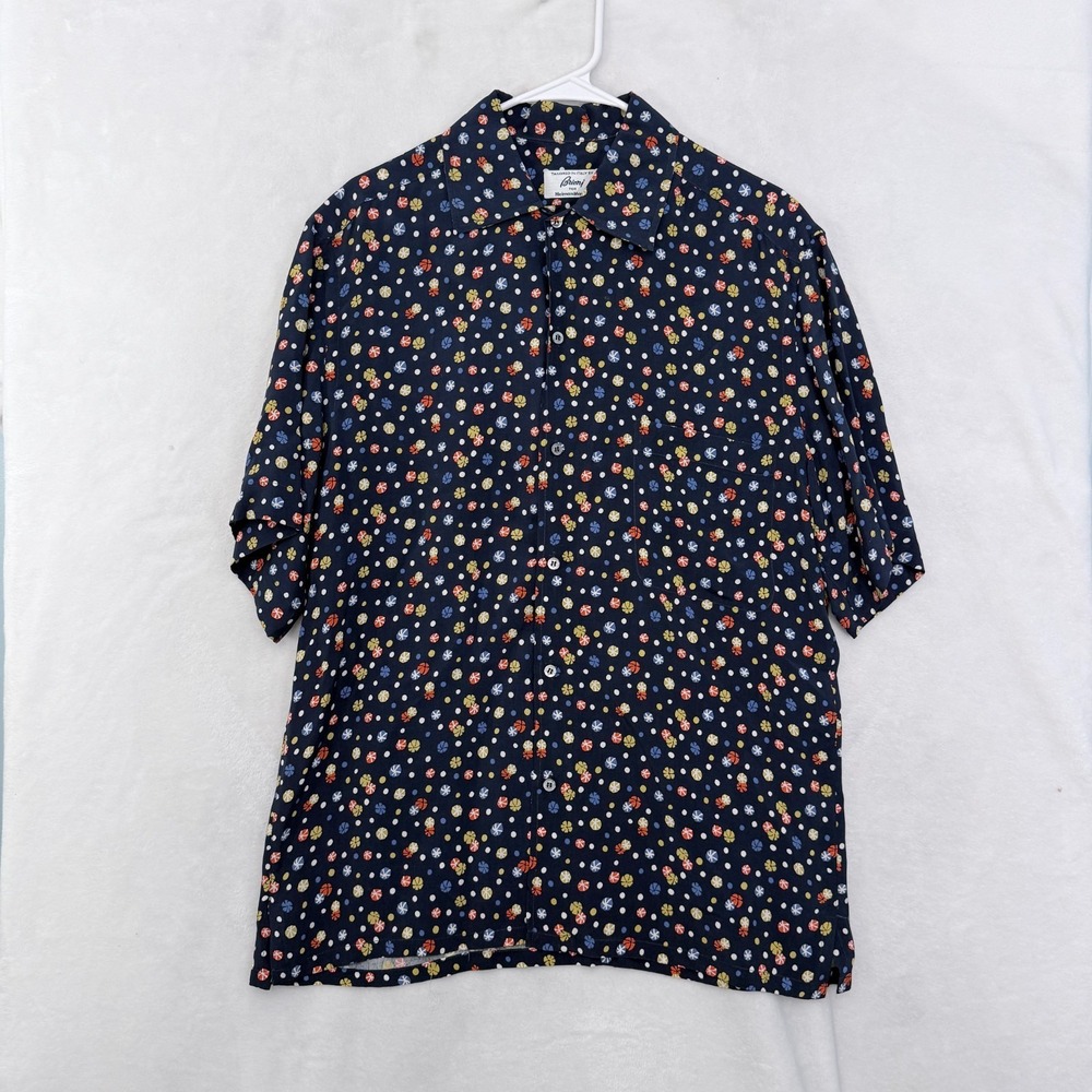 Brioni Shirt Mens S Blue Basketball Geoemtric Rayon Stretch Pocket Button Up
